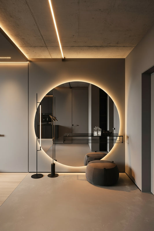 Espejo con forma circular de tamaño grande con luz LED incorporada con una iluminación retroiluminada que no crea sombras