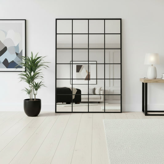 espejo negro con marco de madera estilo ventana industrial