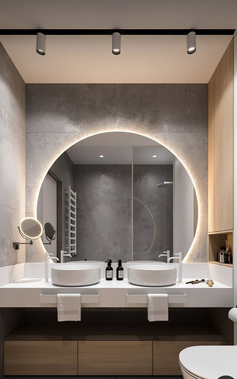 Espejo led con forma semicircular que no termina siendo un circulo y trae iluminacion LED