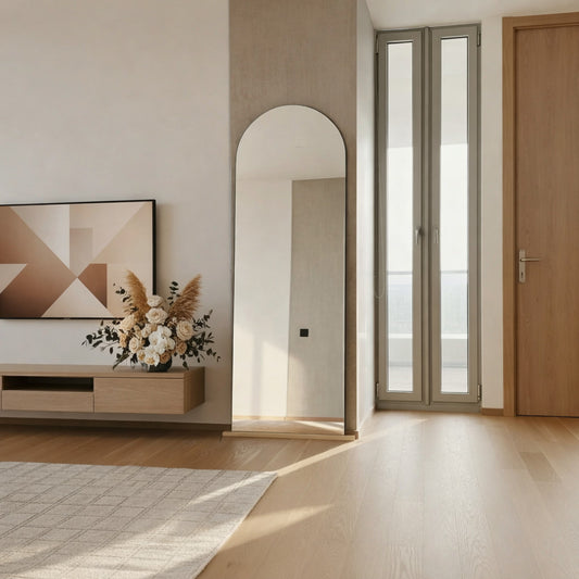 espejo en forma de arco con espejo belga de 4mm con base de madera para poner de pie