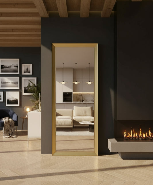 "Espejo de Alta Calidad con Marco en dorado: Estilo Impecable y Luminosidad para tu Espacio"