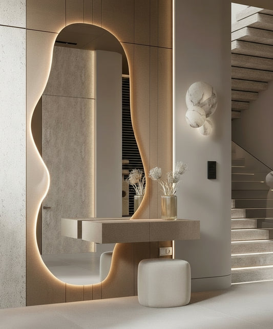 Espejo led con forma irregular de forma llamada por nosotros silueta inspirado en la silueta de el cuerpo de una mujer , este espejo es ideal para tu recibidor o sala de estar en tu casa o habitacion