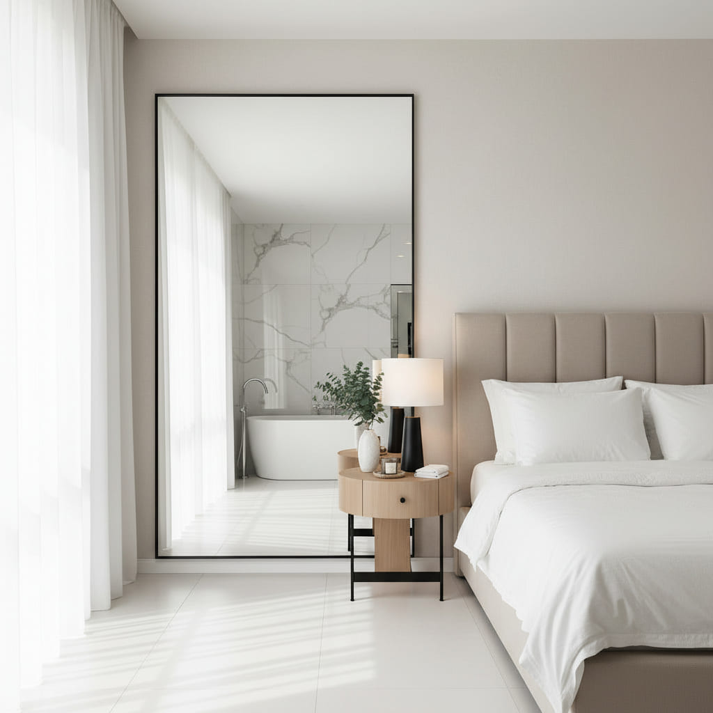 Espejo belga europeo libre de plomo con marco negro y  borde fino de material de aluminio  de gran tamaño en una habitacion