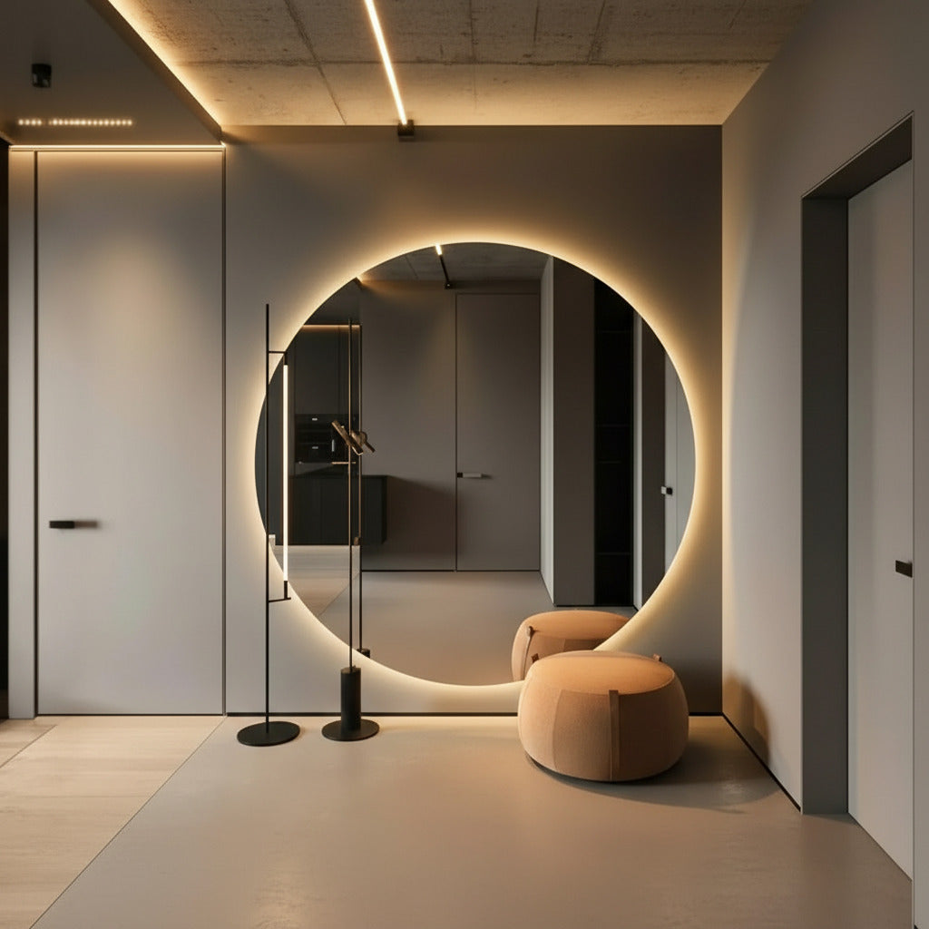 Espejo Circular Tamaño Grande con iluminación LED COB, cristal europeo certificado libre de plomo y cobre, diseño moderno elegante
