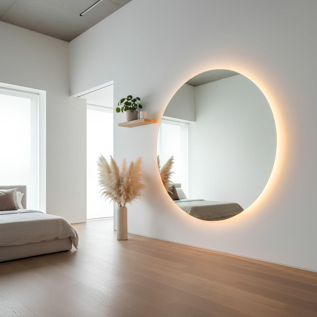 espejo led grande de forma circular en una habitacion