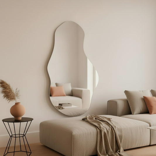 Espejo belga europero libre de polomo de 4mm de espesor cotador de forma irregular llamada silueta con bastidor de aluminio para colgar en pared