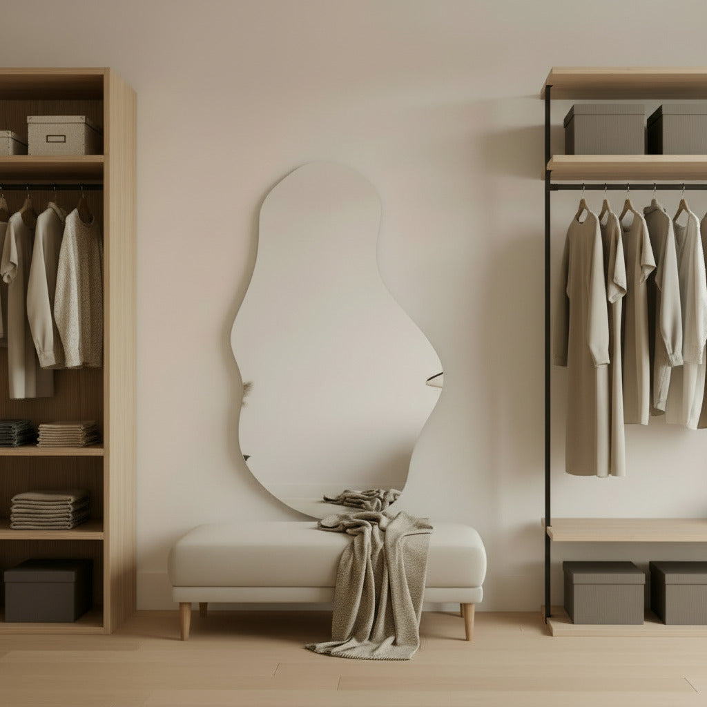 espejo con forma irregular en closet de ropa