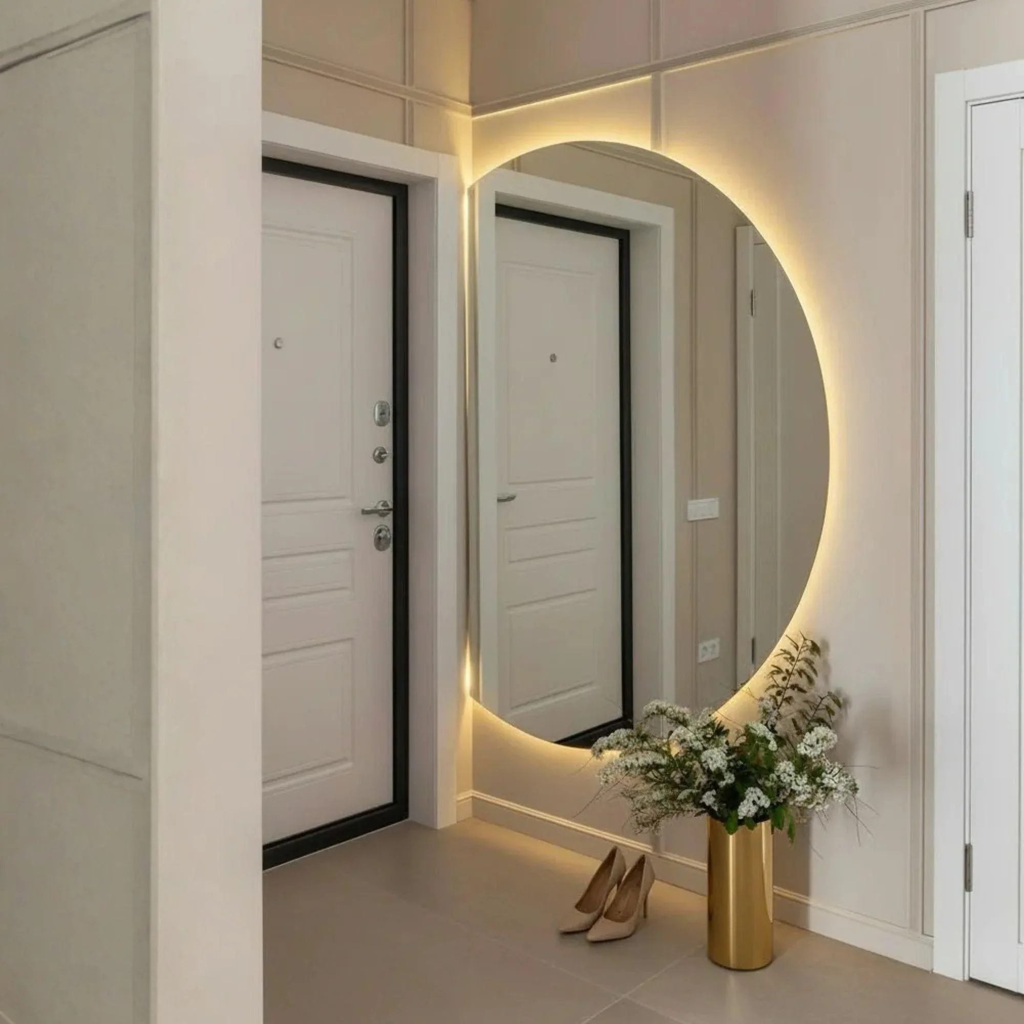 Espejo LED Semicircular retroiluminado gran tamaño, tecnología LED COB temperatura luz ajustable, cristal belga europeo certificado para maquillaje y cuidado personal