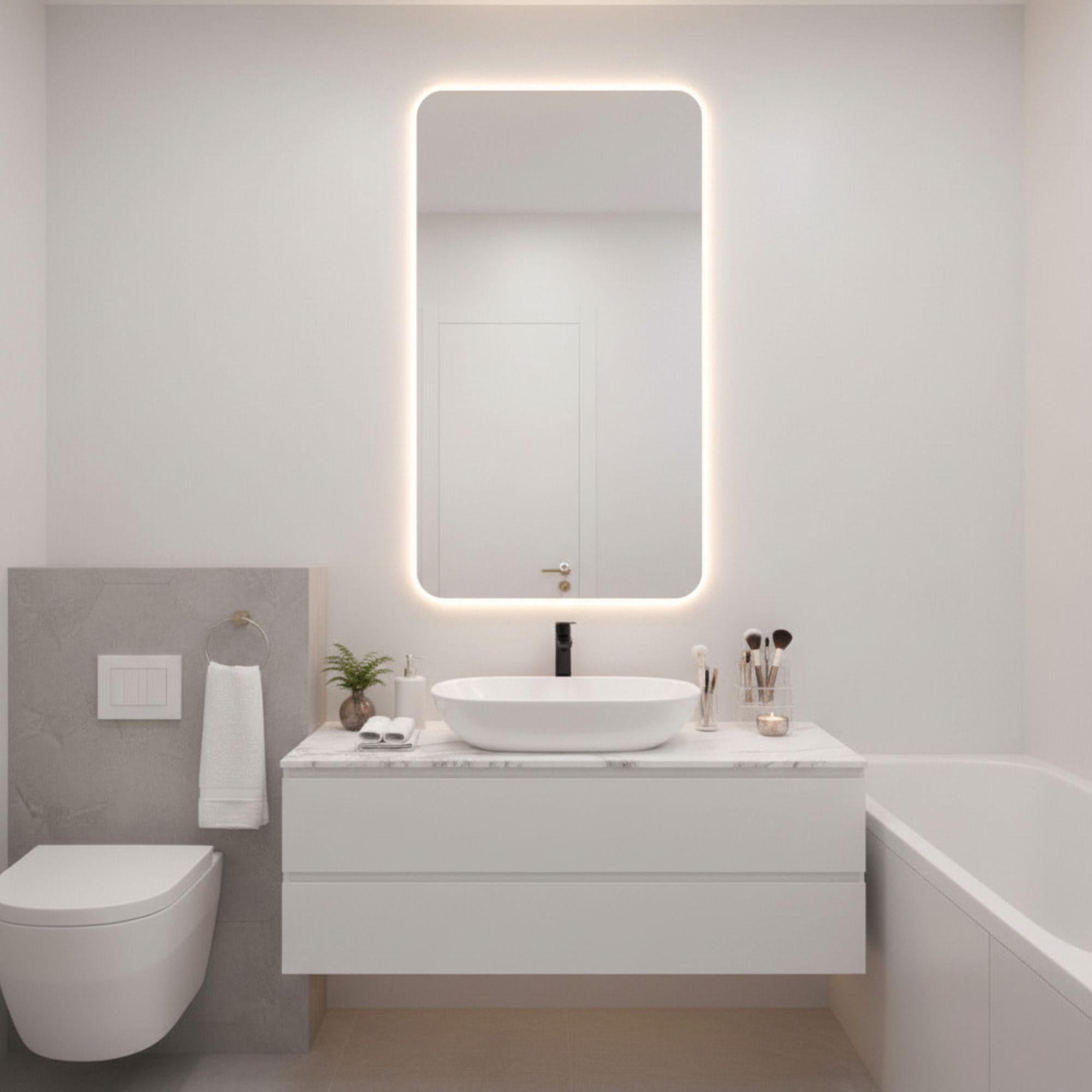 espejo con esquinas ovaladas o redondeadas con luz led integradas  ideal para baños