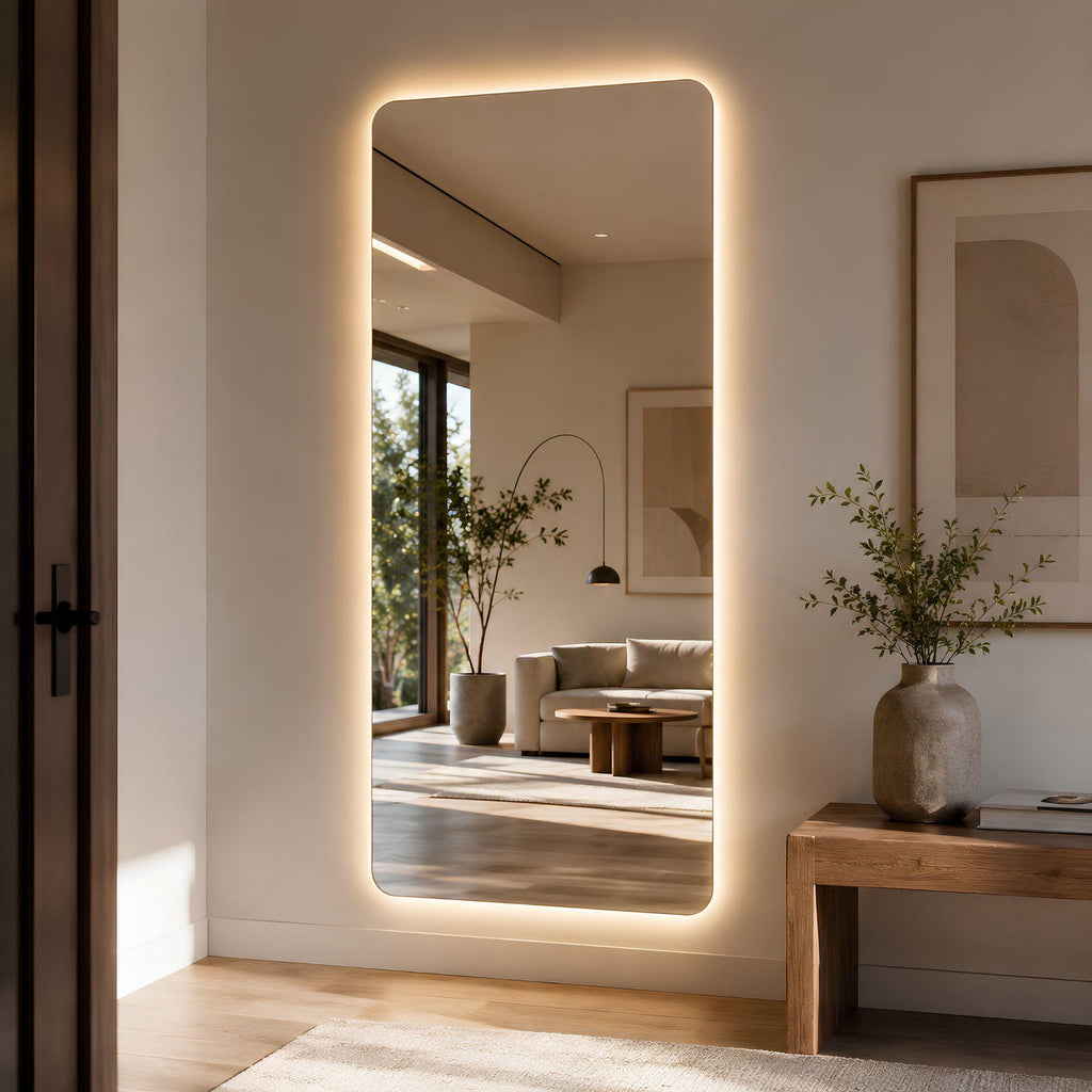 Espejo LED vertical de diseño moderno con esquinas redondeadas, perfecto para baño, dormitorio, closet, recibidor, hogar o negocio.