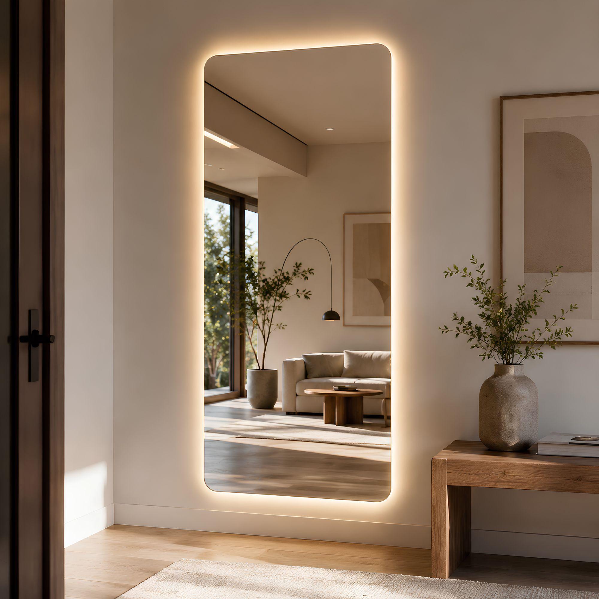 Espejo LED vertical de diseño moderno con esquinas redondeadas, perfecto para baño, dormitorio, closet, recibidor, hogar o negocio.