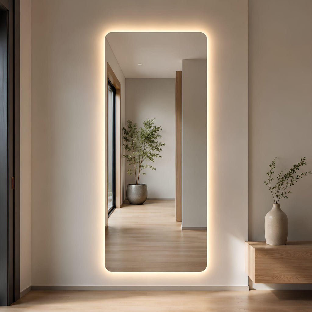 Espejo LED vertical con puntas redondeadas para pared, ideal para baño, dormitorio, closet, recibidor o espacios comerciales.