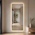 Espejo LED vertical con puntas redondeadas para pared, ideal para baño, dormitorio, closet, recibidor o espacios comerciales.