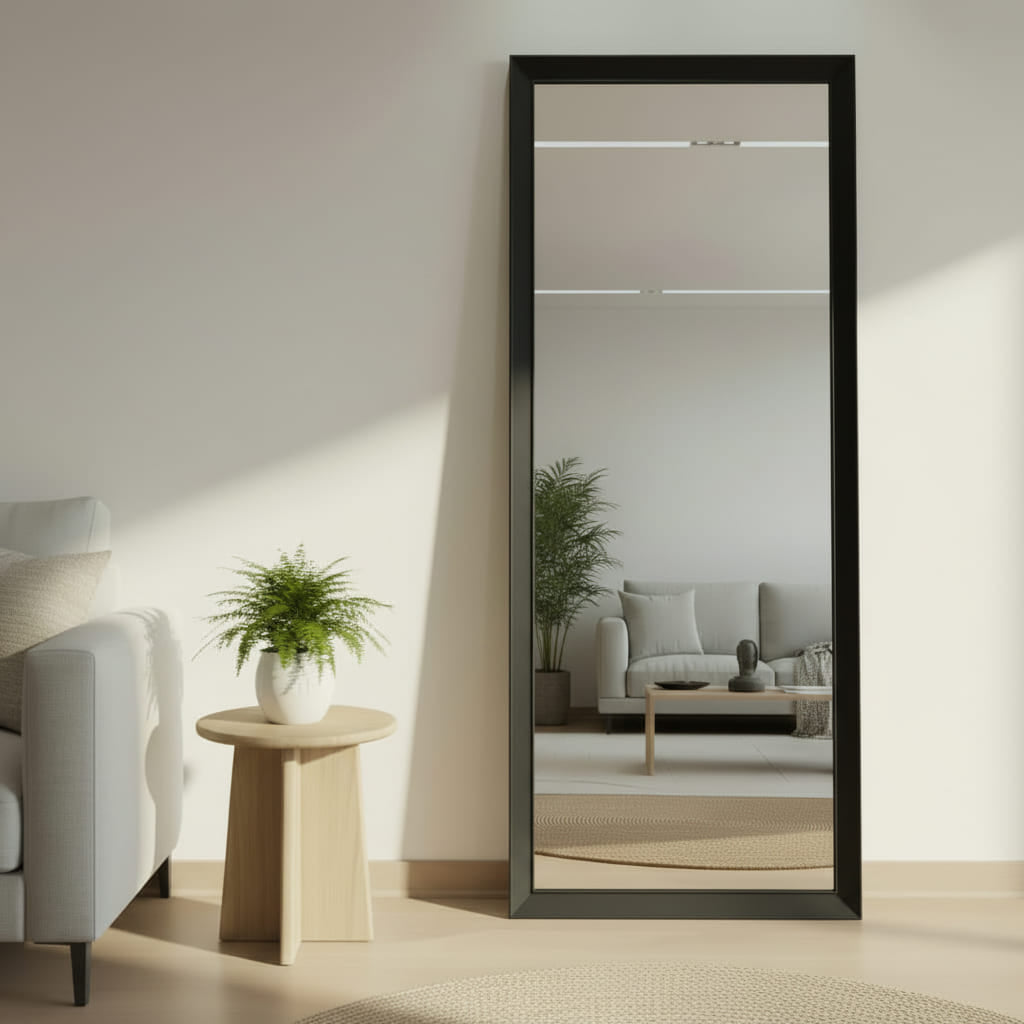 espejo belga de 4mm con marco de madera pintado de negro con acabado premium este espejo es de tamaño grande y se cuelga o apoya