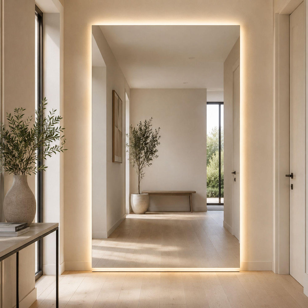 Espejo LED rectangular de gran tamaño para pared, perfecto para living, dormitorio, baño, recibidor o espacios comerciales.