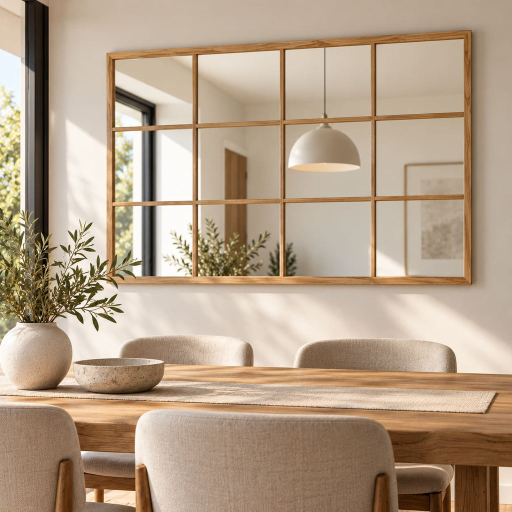 Espejo Nordic tipo ventana con marco de madera instalado sobre comedor moderno y luminoso.