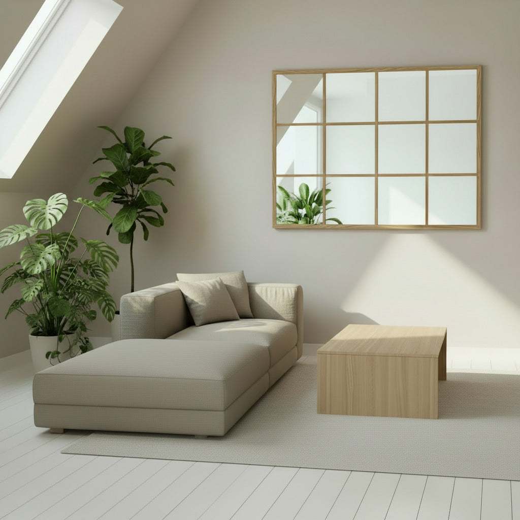 Espejo belga Nordic de ventana marco de madera en un living