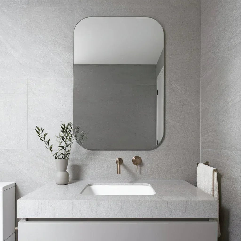 Espejo rectangular sin marco con puntas redondeadas para baño moderno y minimalista