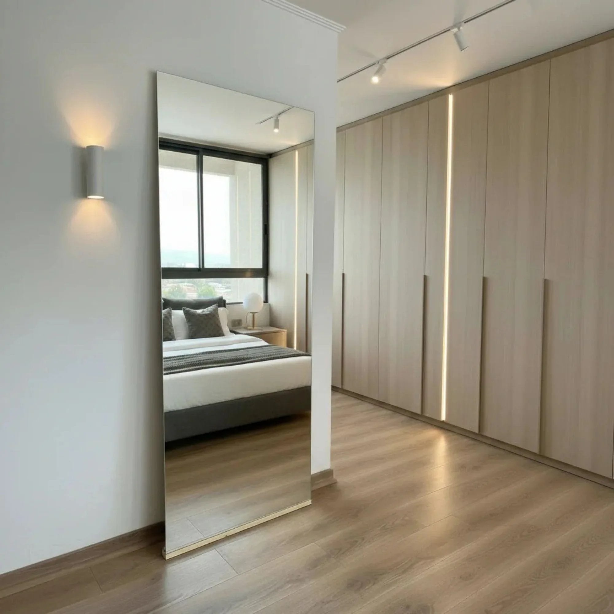 Espejo con base rectangular vertical flotante minimalista para dormitorio, baño y vestidor moderno