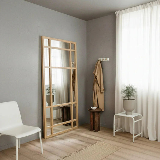 Espejo Ventana rústico XL madera natural auténtica, cristal belga certificado, diseño vintage para decoración
