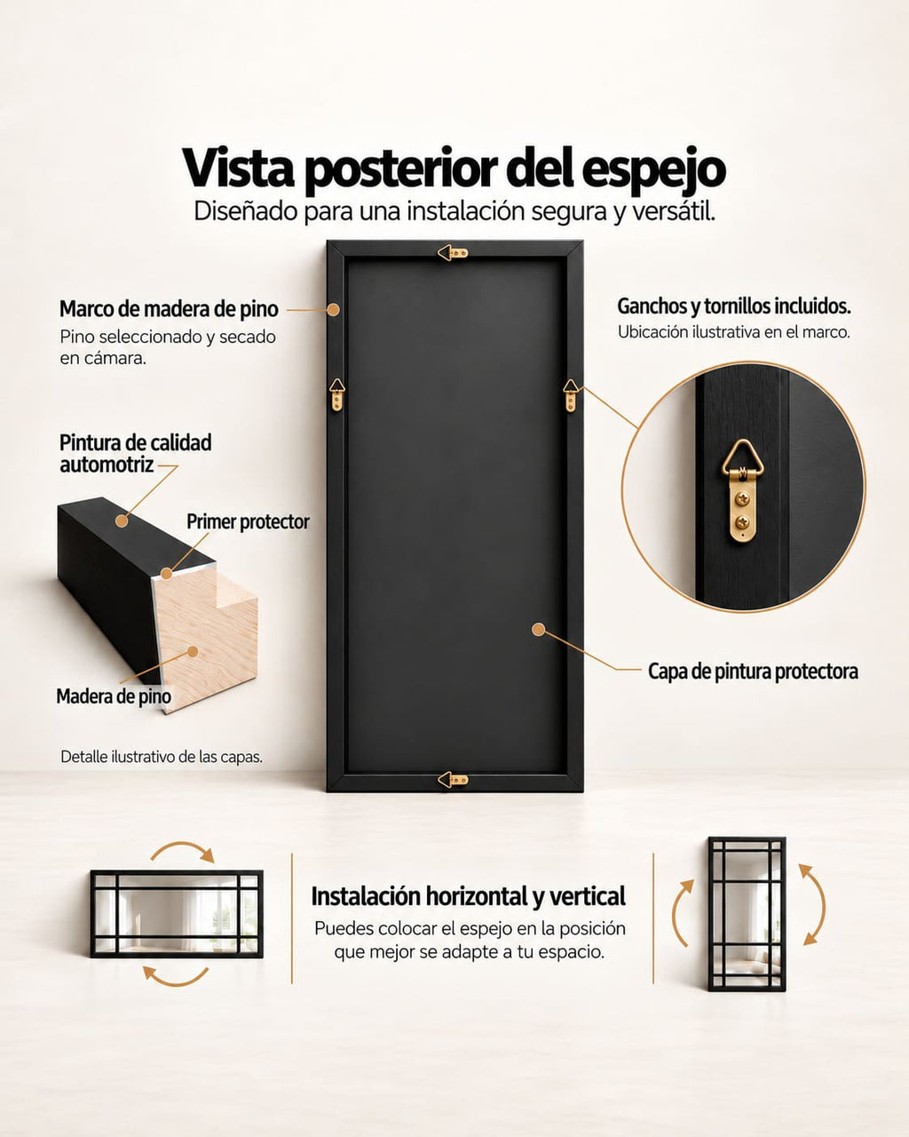 Espejo Ventana XL con marco negro y divisiones estilo industrial,vsita posterior con informacion de material de marco y forma de instalar