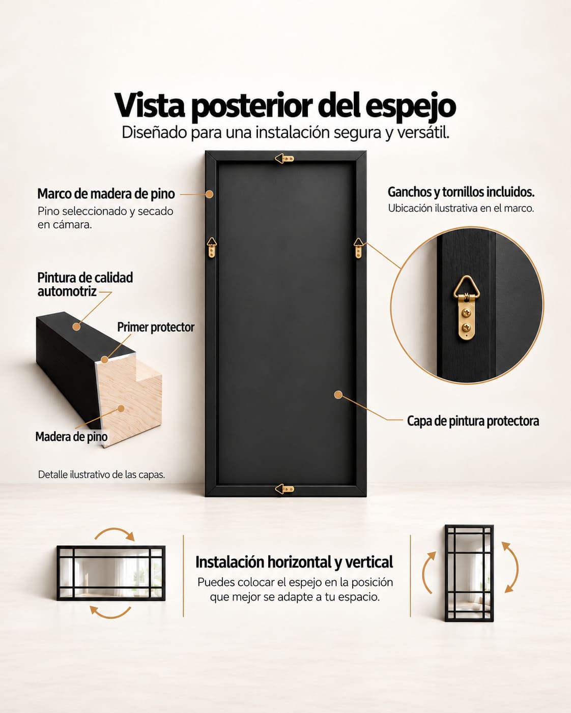 Espejo Ventana XL con marco negro y divisiones estilo industrial,vsita posterior con informacion de material de marco y forma de instalar