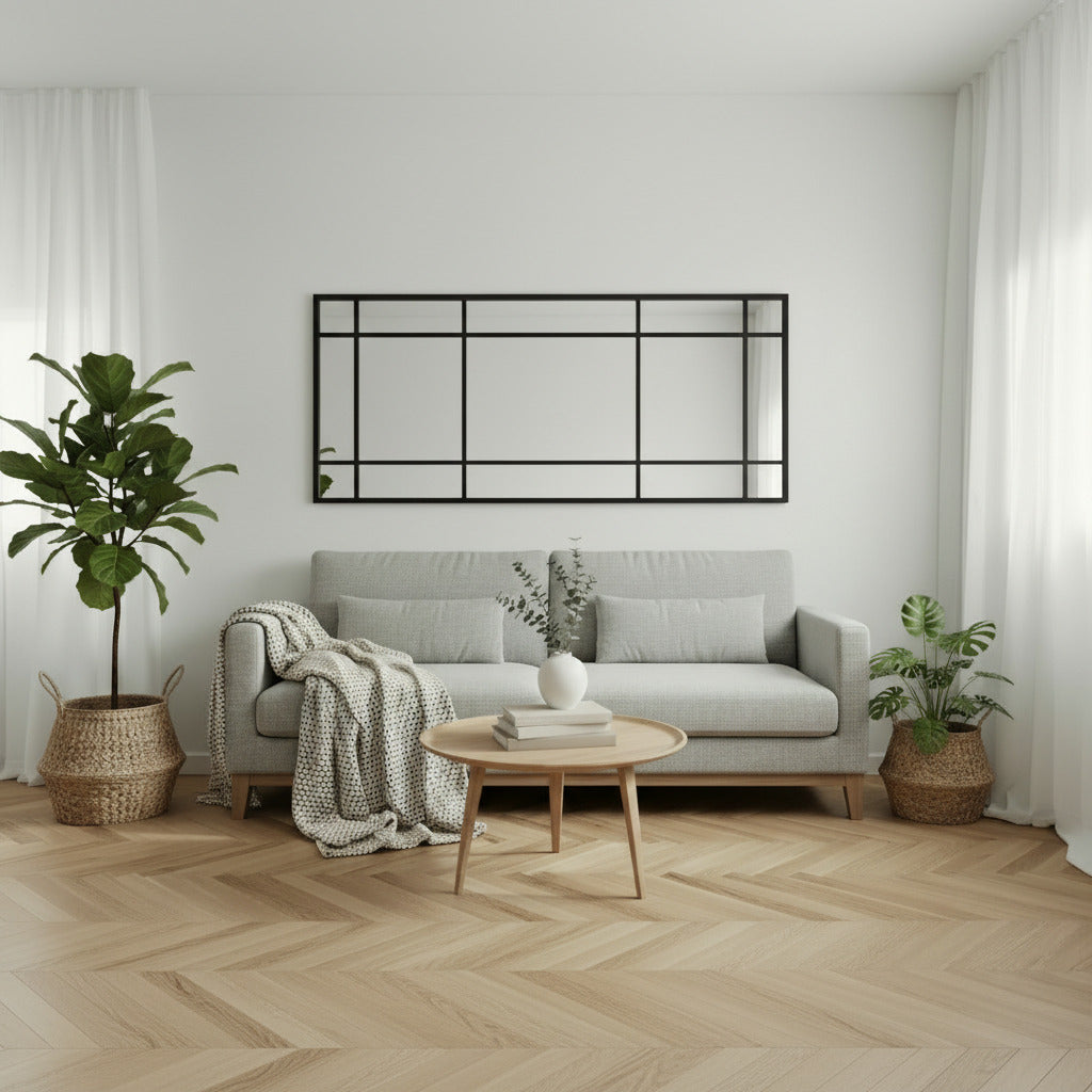 Espejo ventana xl de forma horizontal en sala de estar