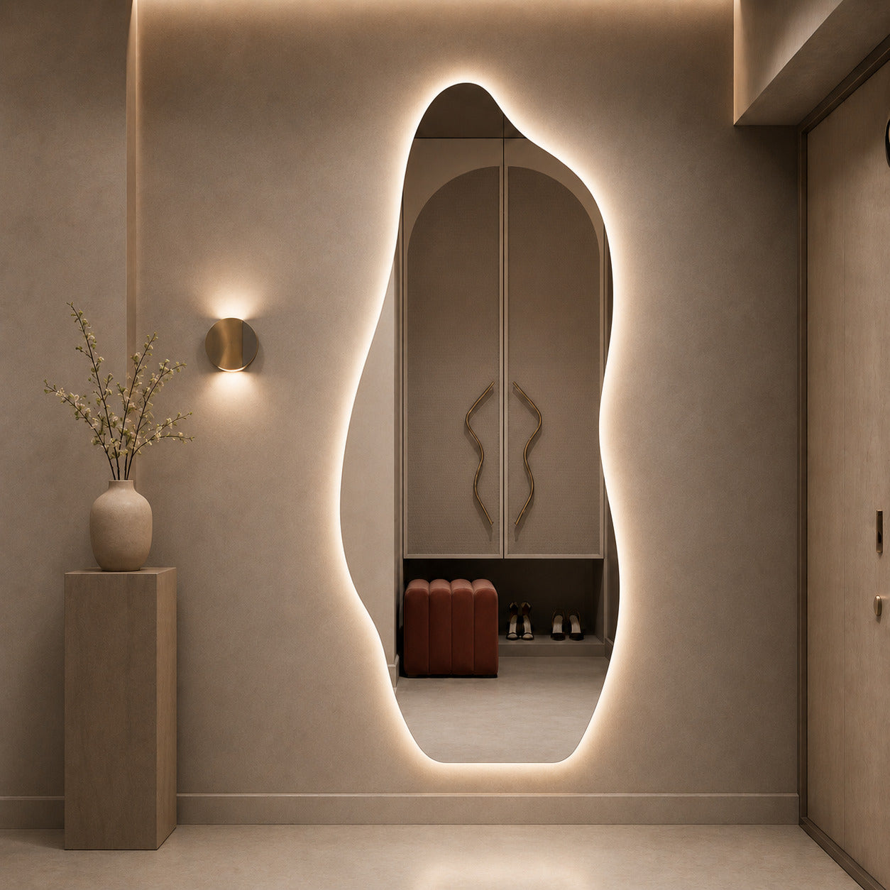 Espejo LED irregular Corcovado de cuerpo entero para pared, con retroiluminación cálida y diseño orgánico ideal para recibidor, dormitorio o living moderno.