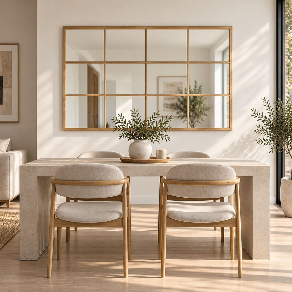 Espejo de madera estilo nórdico instalado en comedor claro con decoración neutra y luz natural.