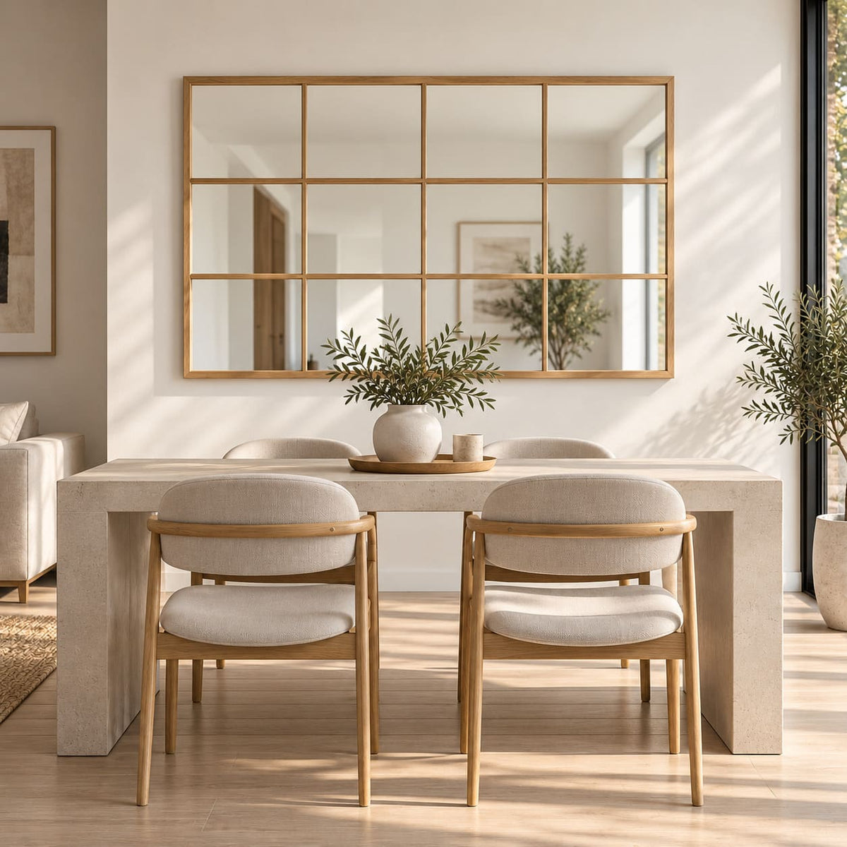 Espejo de madera estilo nórdico instalado en comedor claro con decoración neutra y luz natural.
