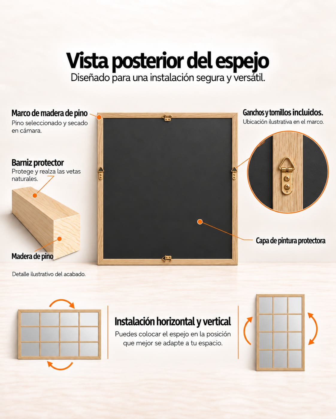 espejo de vetnan nordico imagen de vista porsterior que incluye informacion de ganchos y madera