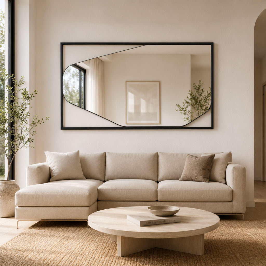 espejo irregular con marco de madera negro colocado encima de un sofa de forma horizontal