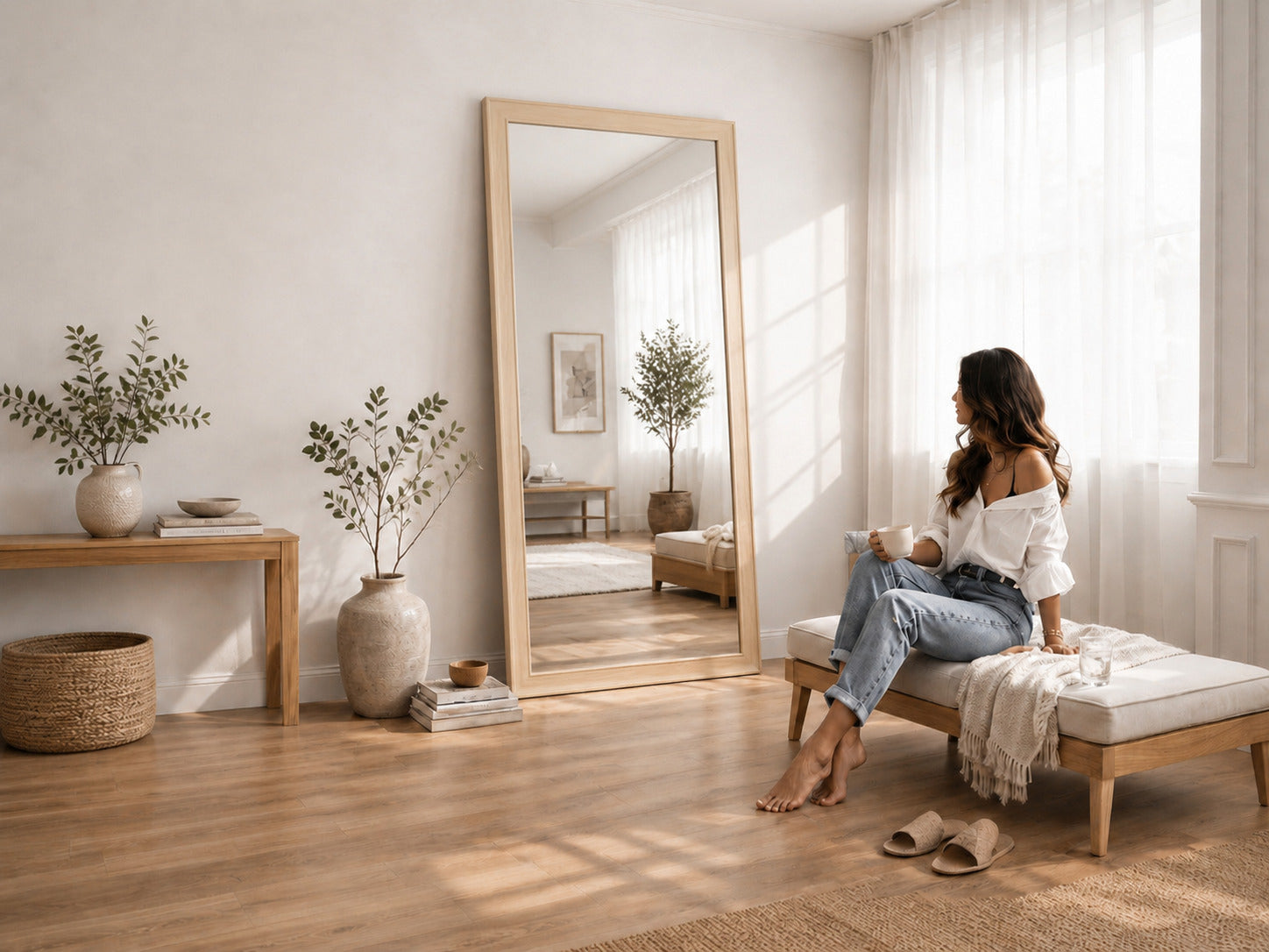 espejo decorativo con marco de madera ideal para el living o sala de estar de tu hogar.