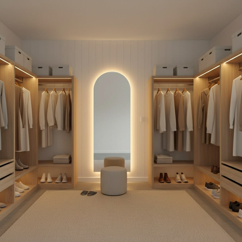espejo led en forma de arco en closet 