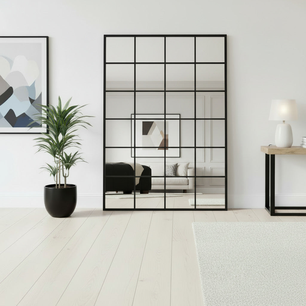 espejo negro con marco de madera estilo ventana industrial  de gran medida