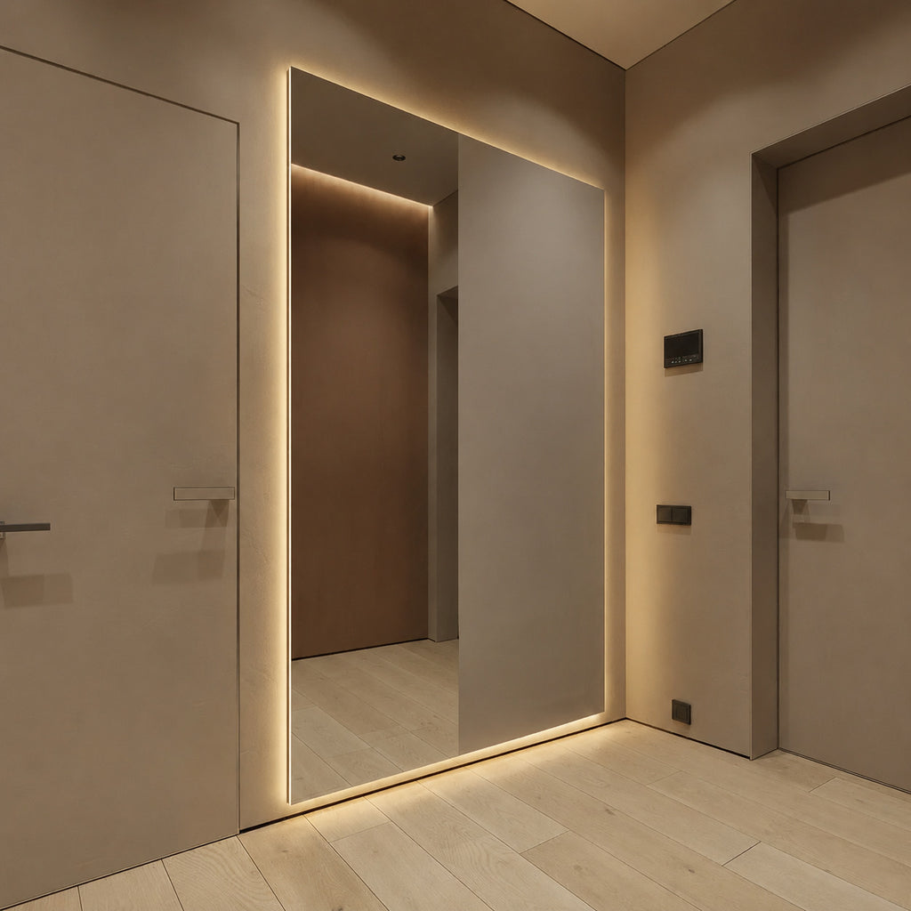 Espejo LED retroiluminado para dormitorio, baño, vestidor con efecto flotante y estilo glamuroso