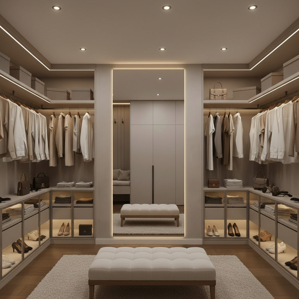 Espejo led de forma rectangular en closet o vestidor