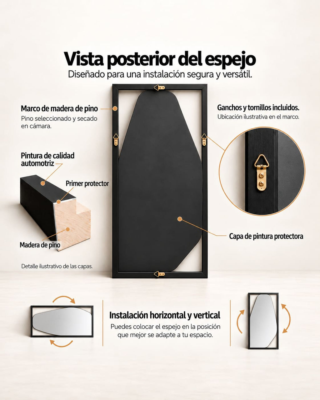 espejo con marco y forma irregular dentro  para colgar o apoyar imagen posterio para ver cmo se cuelga