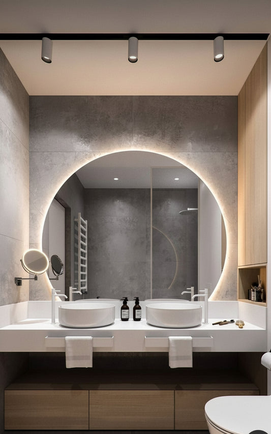 Espejo led con forma semicircular que no termina siendo un circulo y trae iluminacion LED