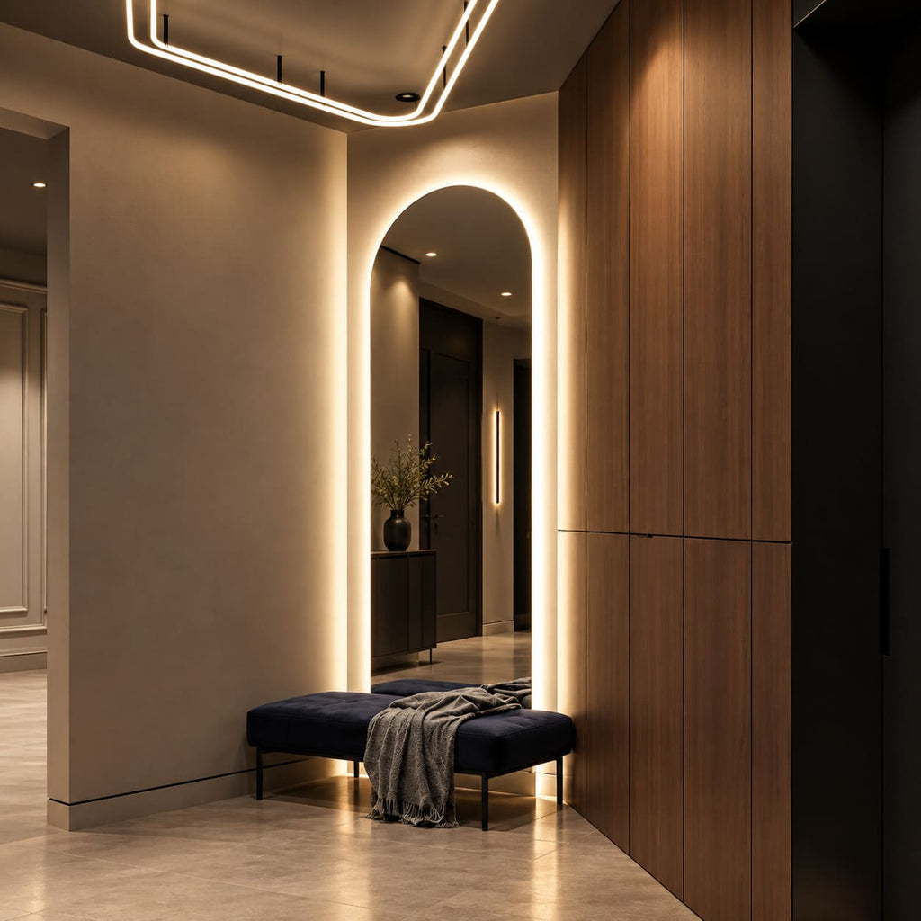 Espejo en arco con iluminación LED cálida junto a una pared revestida en madera oscura y una banqueta tapizada.