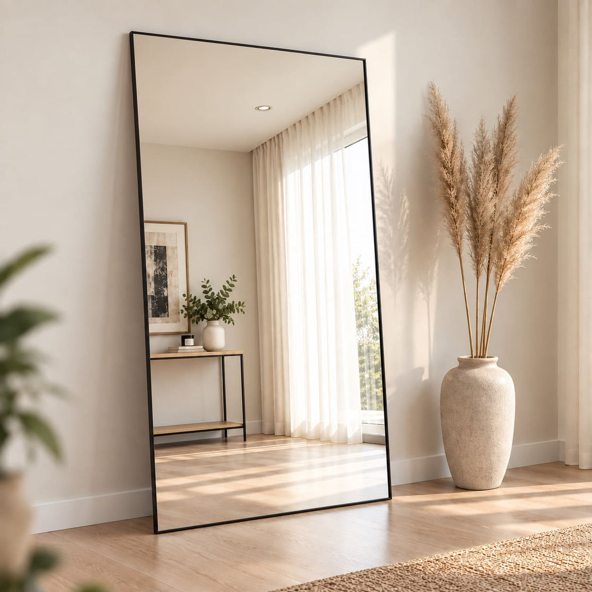Espejo rectangular grande de cuerpo entero con marco negro delgado para living y dormitorio