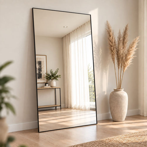 Espejo rectangular grande de cuerpo entero con marco negro delgado para living y dormitorio