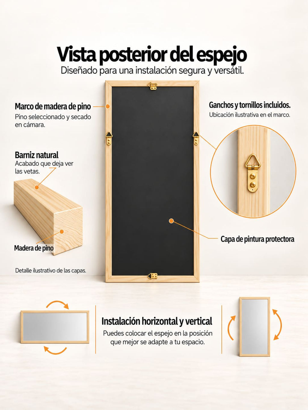 vista posterior de espejo con marco de madera de pino