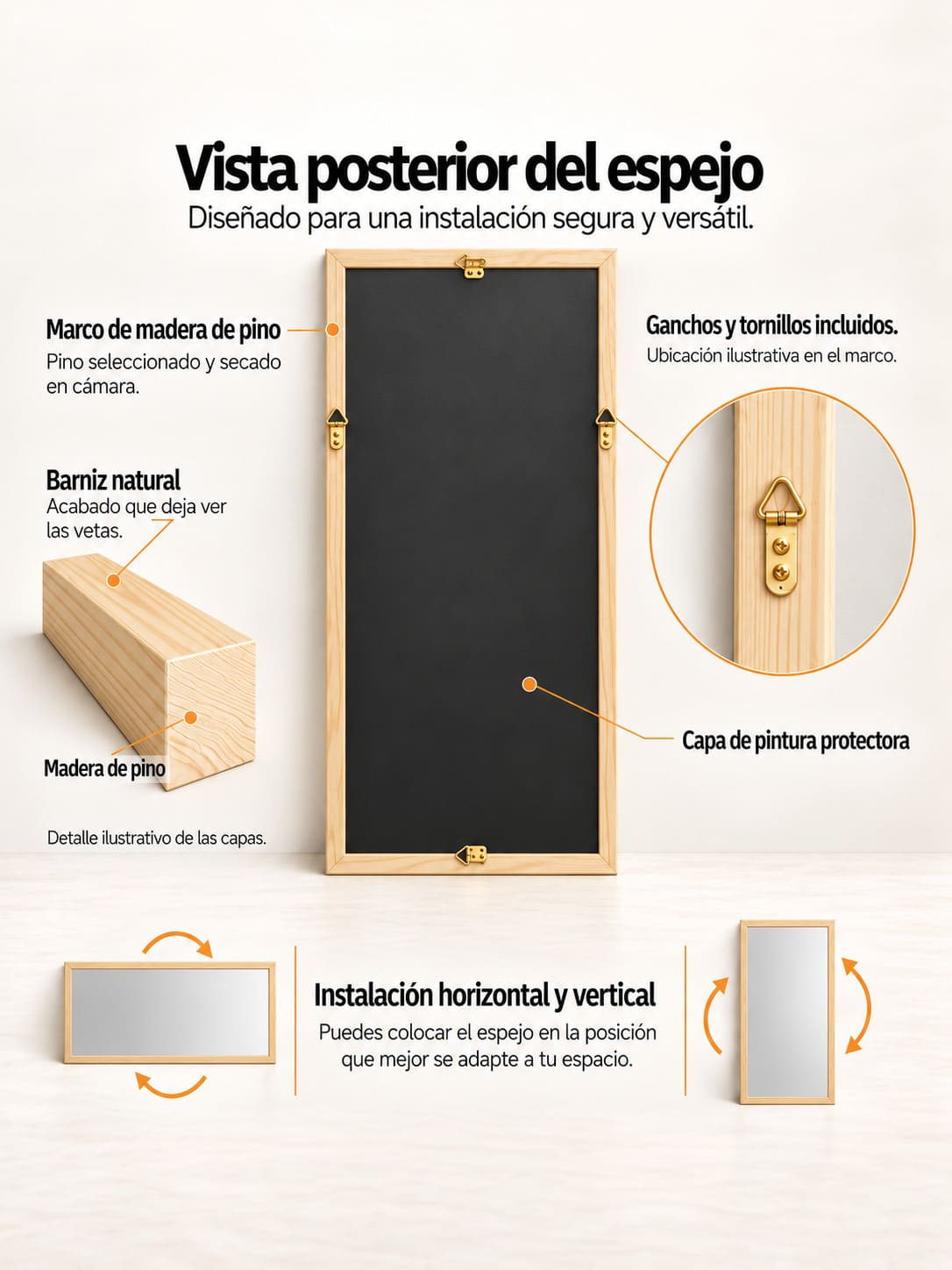 vista posterior de espejo con marco de madera de pino