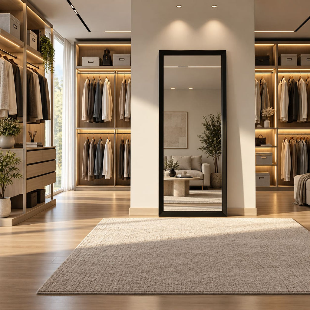 Espejo de cuerpo entero con marco negro instalado entre módulos de ropa iluminados en un vestidor con muebles de madera.