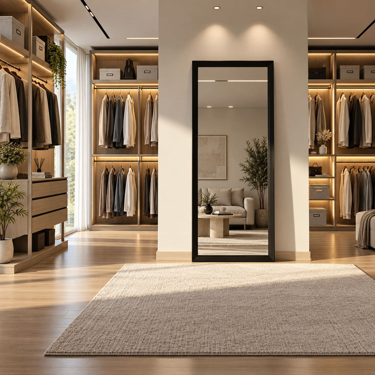 Espejo de cuerpo entero con marco negro instalado entre módulos de ropa iluminados en un vestidor con muebles de madera.