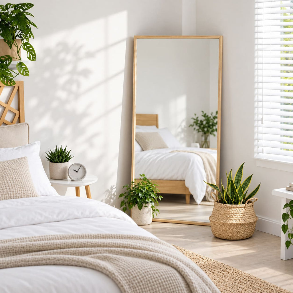 Espejo de cuerpo entero con marco de pino natural en un dormitorio con ropa de cama clara y plantas