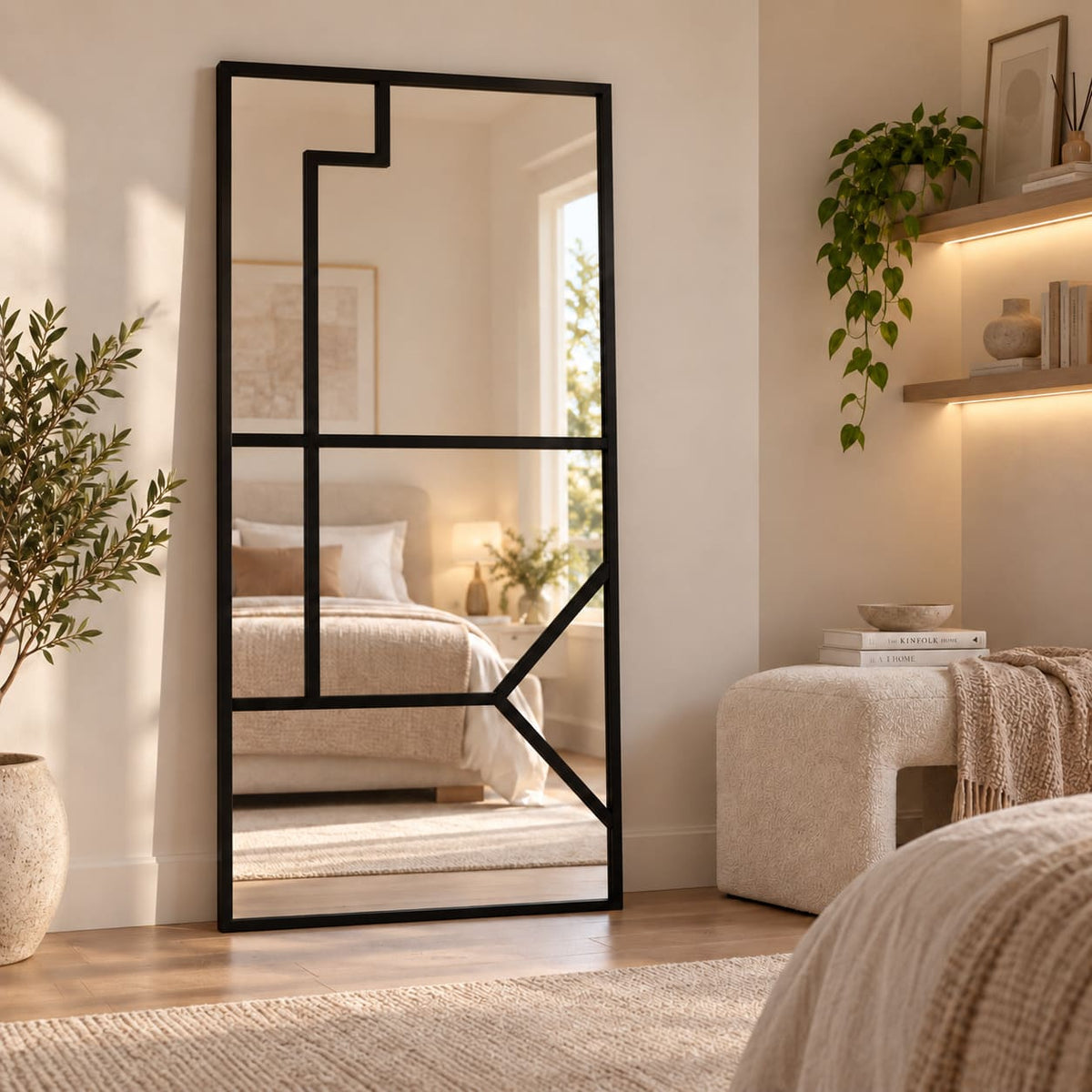 Espejo Culture rectangular con marco negro y divisiones geométricas, colocado verticalmente en un dormitorio de tonos beige