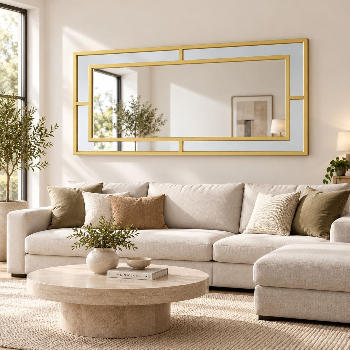 Espejo Glamour horizontal con marco dorado y diseño geométrico sobre un sofá beige en un living luminoso.
