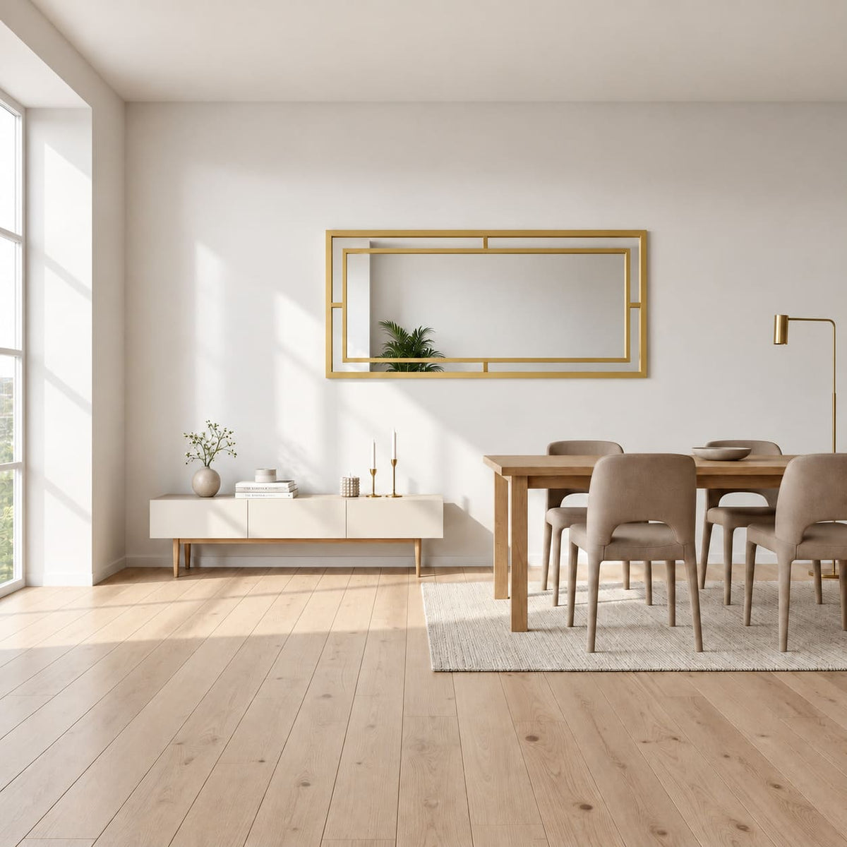 Espejo Glamour de pared con marco dorado, instalado horizontalmente sobre un mueble junto al comedor